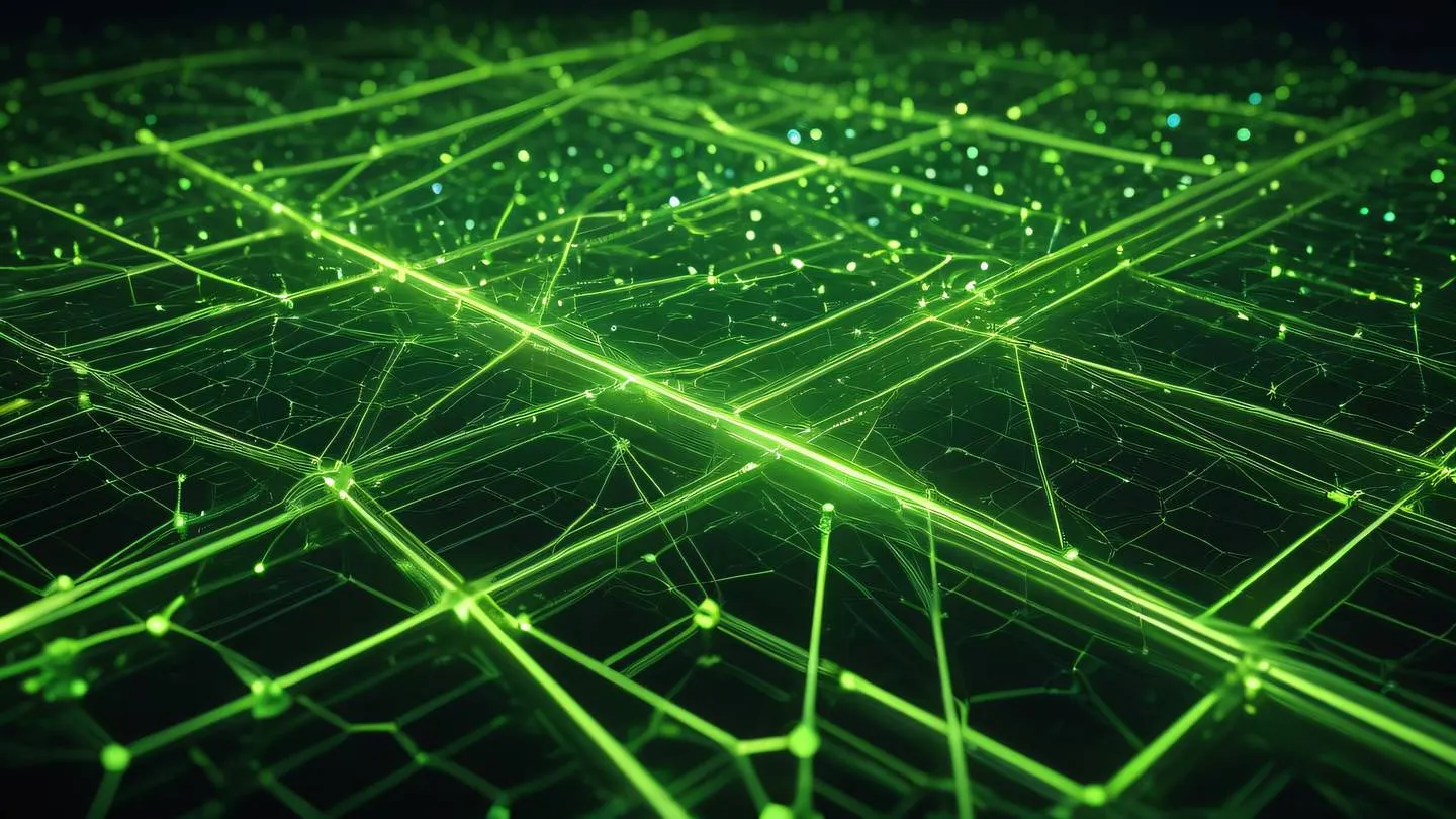 A complex network of interconnected crystalline structures representing pathways and connections glowing with bright green and gold energy captured from a diagonal angle high-quality ultra-realistic cinematic 8K UHD high resolution sharp and detail