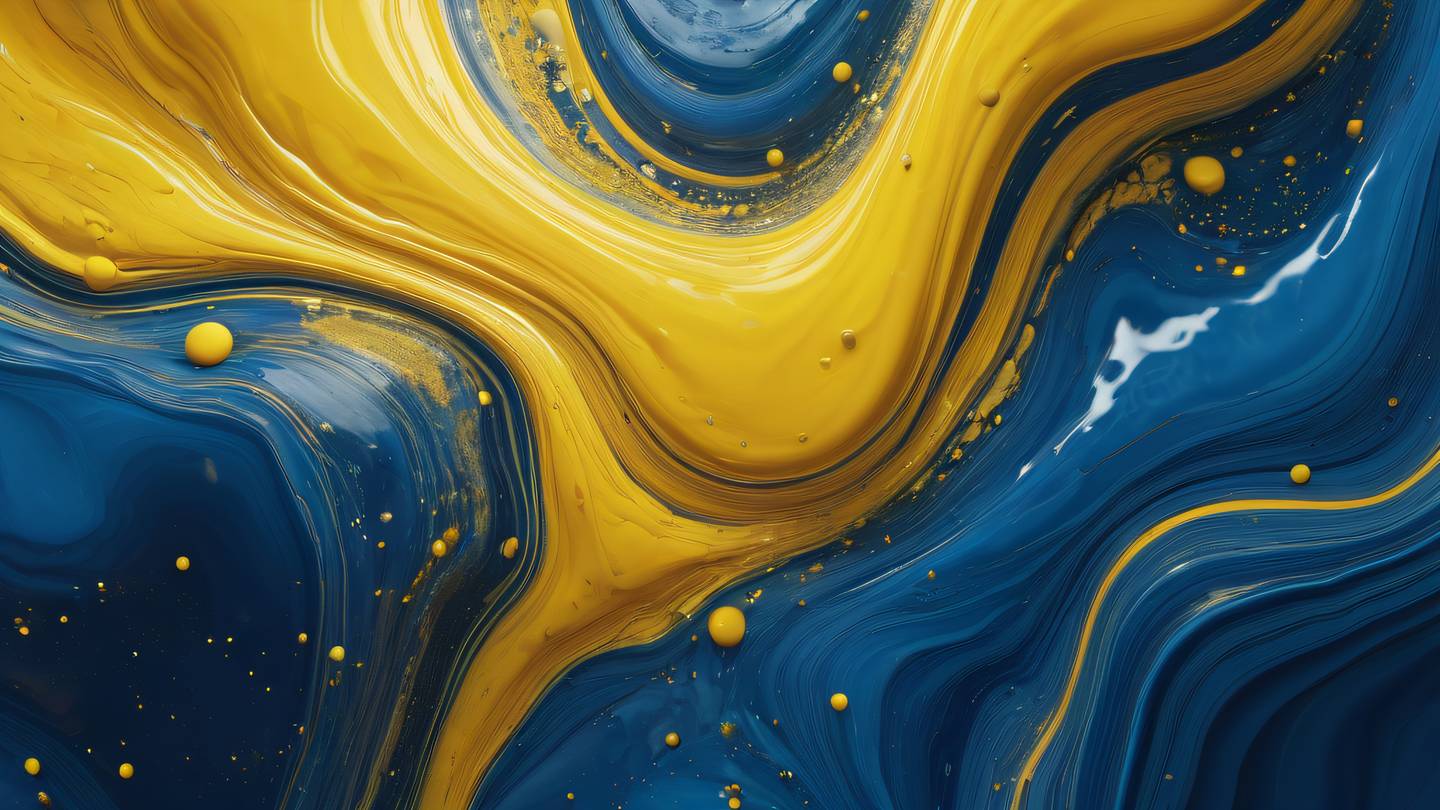 Abstract fluid art featuring geometric shapes floating in space dominated by sunshine yellow and sapphire blue tones sharp edges meeting smooth curves high-quality ultra-realistic cinematic 8K UHD high resolution sharp and detail shot from above looking down