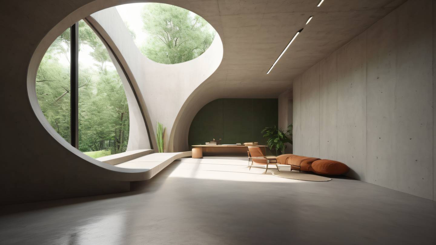 Minimalist concrete modern interior with flowing light beams featuring rustic terracotta and forest green color palette architectural curves and sharp angles high-quality ultra-realistic cinematic 8K UHD high resolution sharp and detail wide-angle shot from corner of room