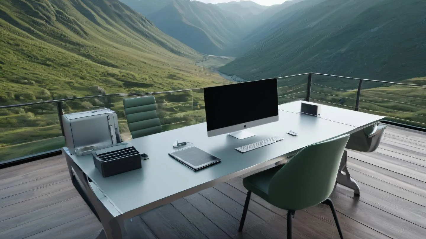 A serene mountain valley workspace with sleek modern equipment featuring sage green mountains in the background metallic silver accents in the foreground aerial view shot from above high-quality ultra-realistic cinematic 8K UHD high resolution sharp and detail