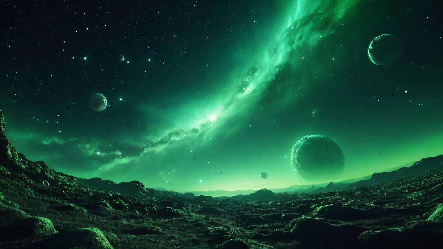 A cosmic landscape featuring ethereal nebulae and swirling star formations rendered in bright neon green and off-white colors against a deep black background. Shot from a low-angle perspective looking up at the vast expanse ultra-realistic cinematic 8K UHD high resolution sharp and detailed