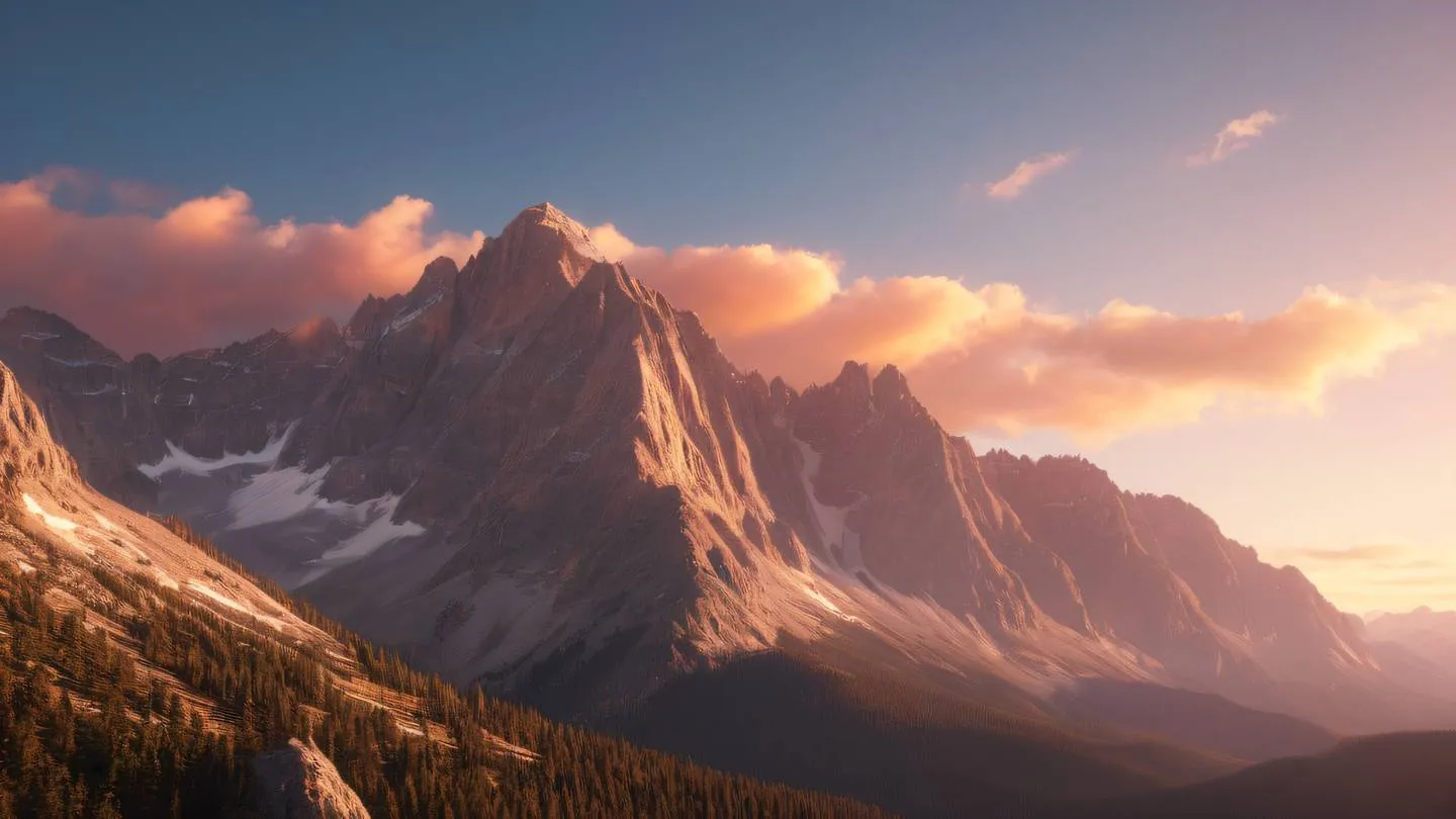 Rocky mountain peaks emerging through wispy clouds bathed in warm rose-colored sunlight. Captured from a diagonal upward angle emphasizing the majestic scale. High-quality ultra-realistic cinematic 8K UHD high resolution sharp and detailed