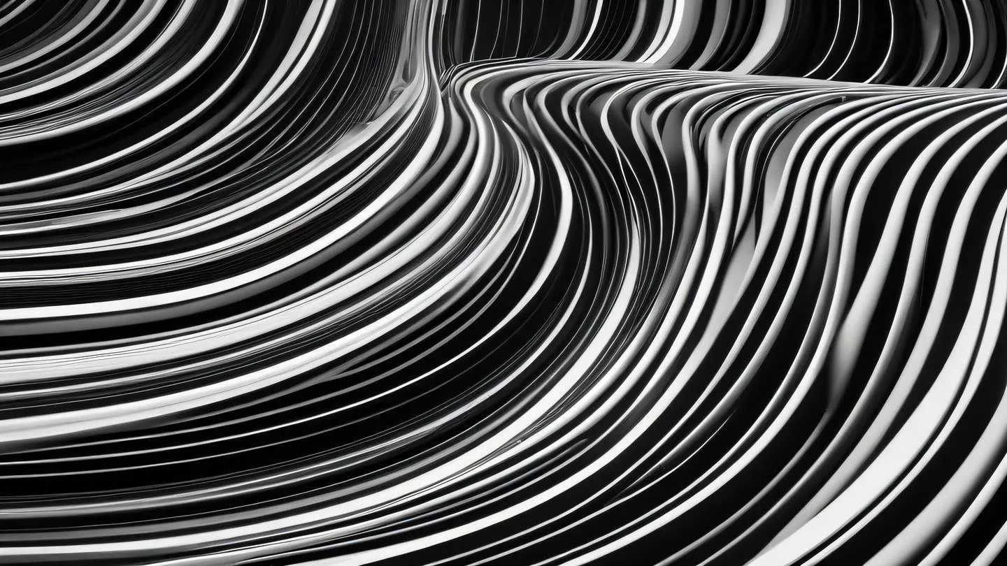 Abstract flowing curves and waves resembling digital signal patterns rendered in black and white with high contrast. Shot from a straight-on perspective with slight tilt high-quality ultra-realistic cinematic 8K UHD high resolution sharp and detailed