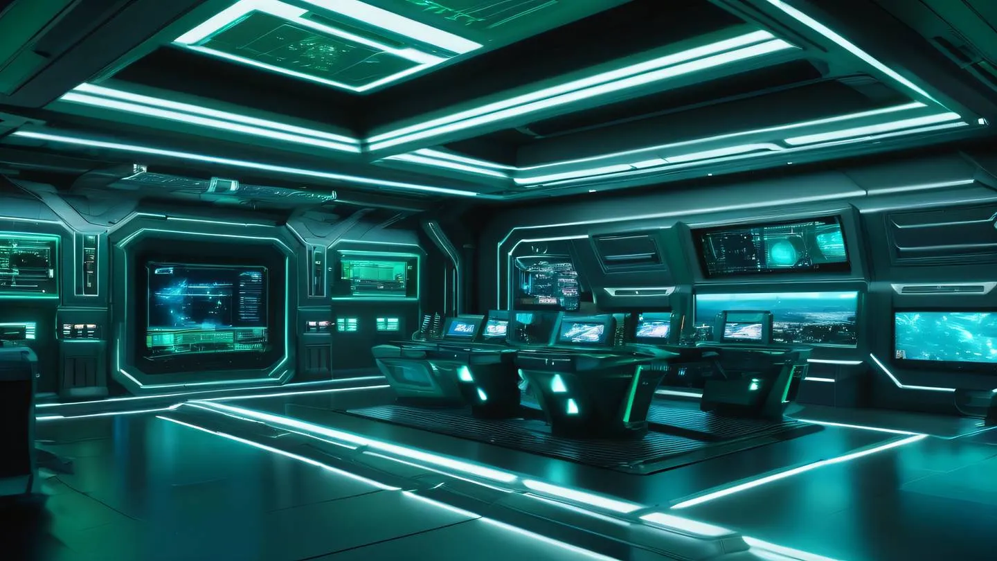 A futuristic space station control room with holographic displays floating in zero gravity featuring emerald green and bright cyan geometric patterns clean metallic surfaces reflecting light shot from a low angle perspective with dramatic lighting high-quality ultra-realistic cinematic 8K UHD high resolution sharp and detail