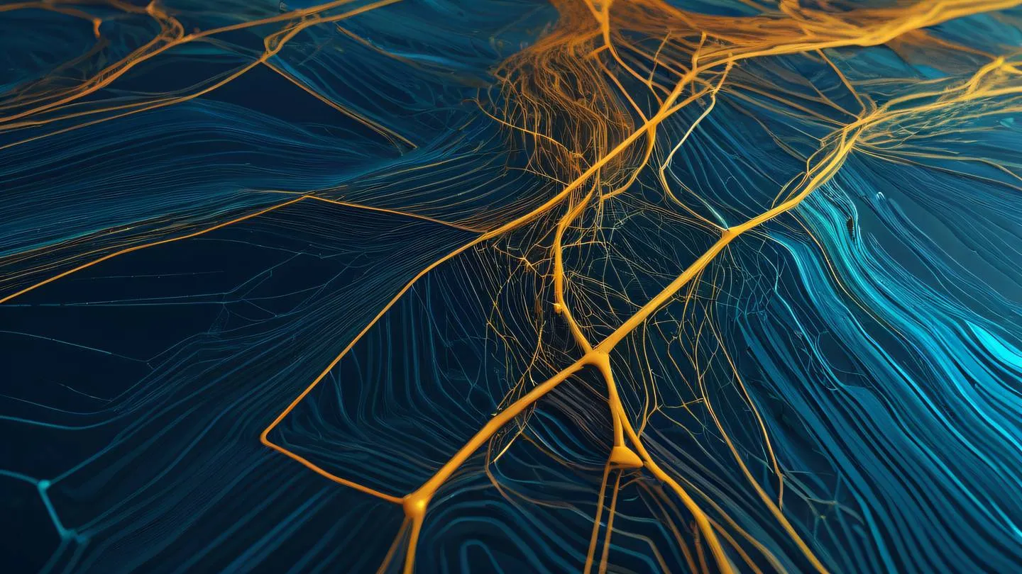 Abstract geometric patterns inspired by data flow visualization featuring flowing lines and nodes in bright ocean blue and golden amber colors captured from a bird's eye view high-quality ultra-realistic cinematic 8K UHD high resolution sharp and detail