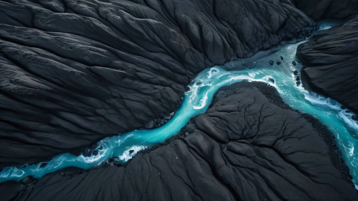 Icelandic landscape with flowing rivers creating natural data-like patterns viewed from above featuring turquoise water streams against black volcanic rock shot from a drone perspective high-quality ultra-realistic cinematic 8K UHD high resolution sharp and detail