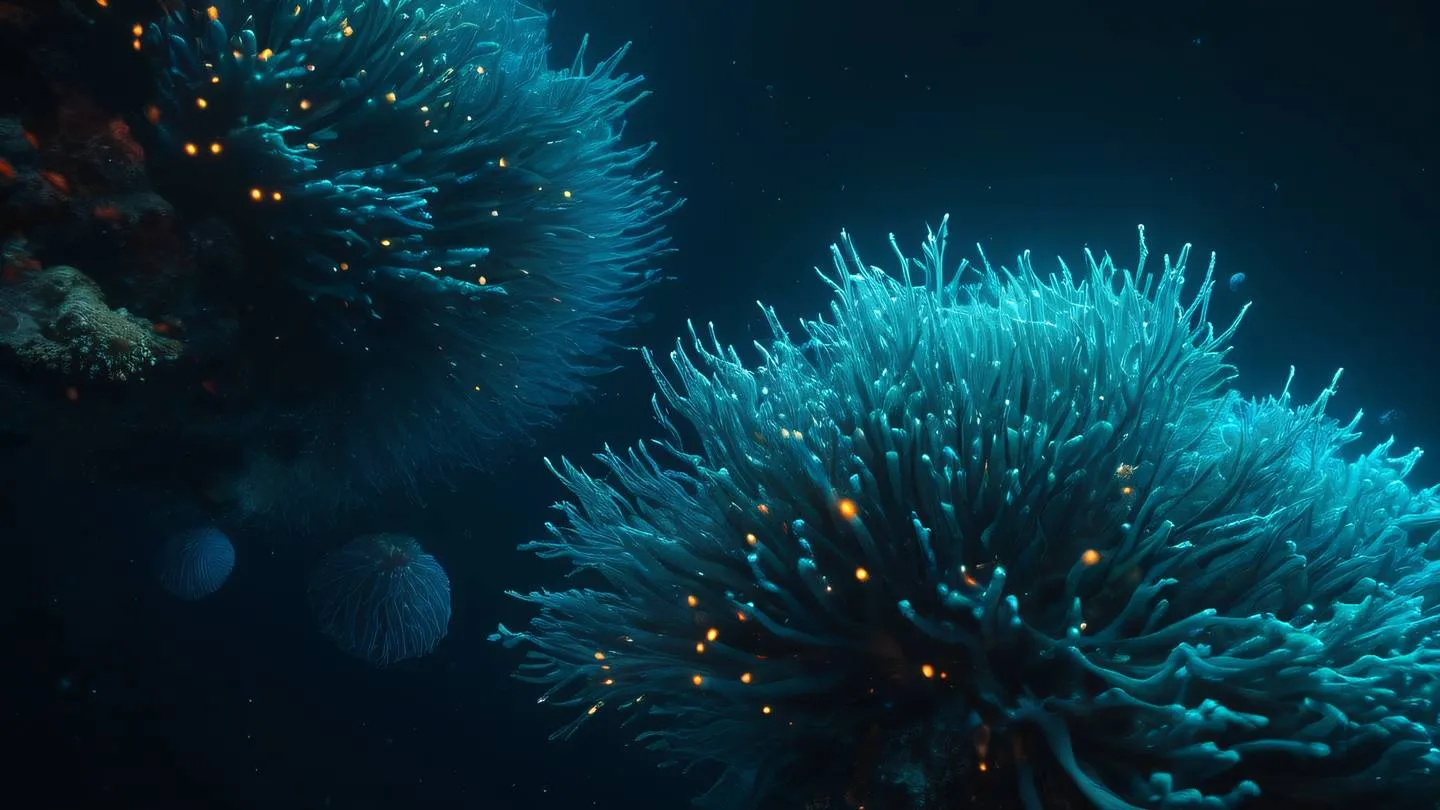 Deep ocean abstract with bioluminescent creatures creating natural light patterns featuring bright aqua blue and coral orange colors against deep sea darkness captured from a side angle with upward tilt high-quality ultra-realistic cinematic 8K UHD high resolution sharp and detail