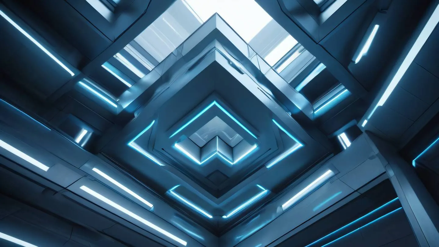 Futuristic architectural structure with floating geometric shapes featuring sleek metallic surfaces in bright zinc and neon blue accents shot from a low angle perspective with dramatic lighting high-quality ultra-realistic cinematic 8K UHD high resolution sharp and detail