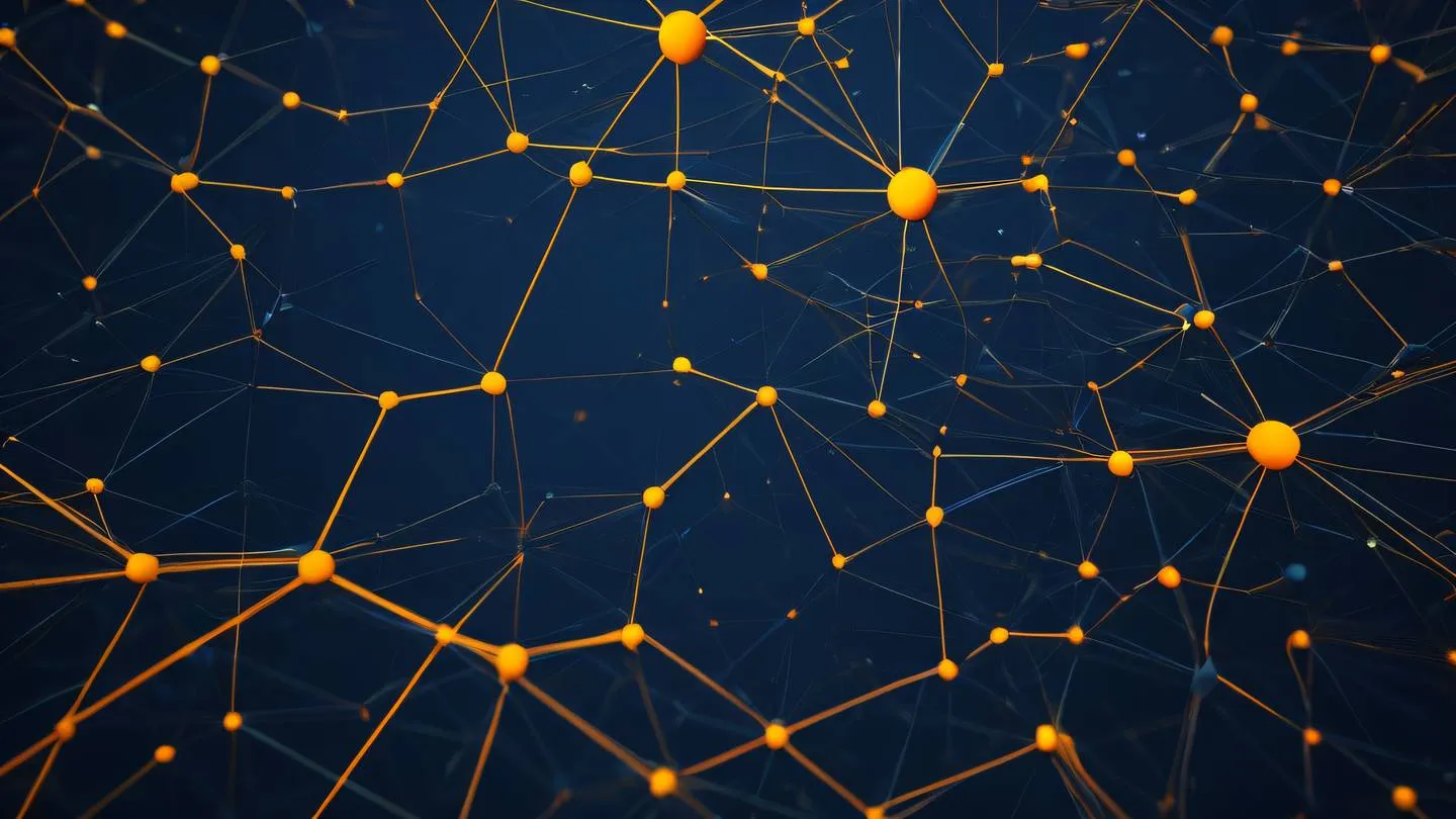 Abstract geometric patterns representing data flow composed of interconnected lines and nodes in minimalist yellow and orange against a deep blue background shot from top-down perspective high-quality ultra-realistic cinematic 8K UHD high resolution sharp and detail