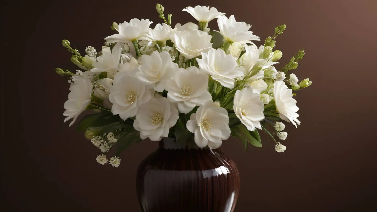 White flower arrangement in a modern vase with rich brown and mahogany background scattered cream-colored petals captured from a 45-degree angle high-quality ultra-realistic cinematic 8K UHD high resolution sharp and detail