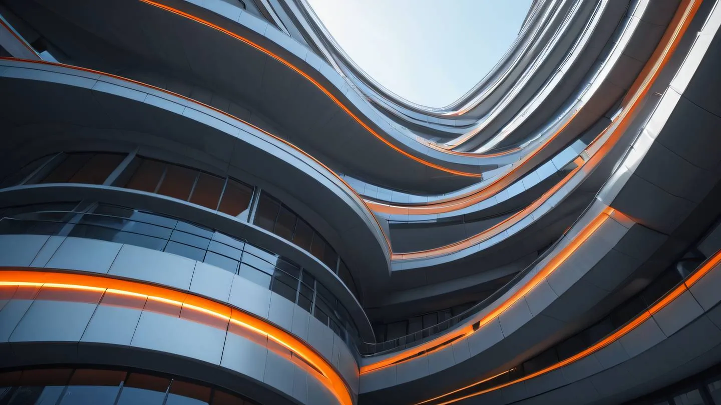 Modern architectural structure with flowing lines and curves featuring bright zinc and neon orange color scheme photographed from an upward diagonal angle with natural lighting high-quality ultra-realistic cinematic 8K UHD high resolution sharp and detail