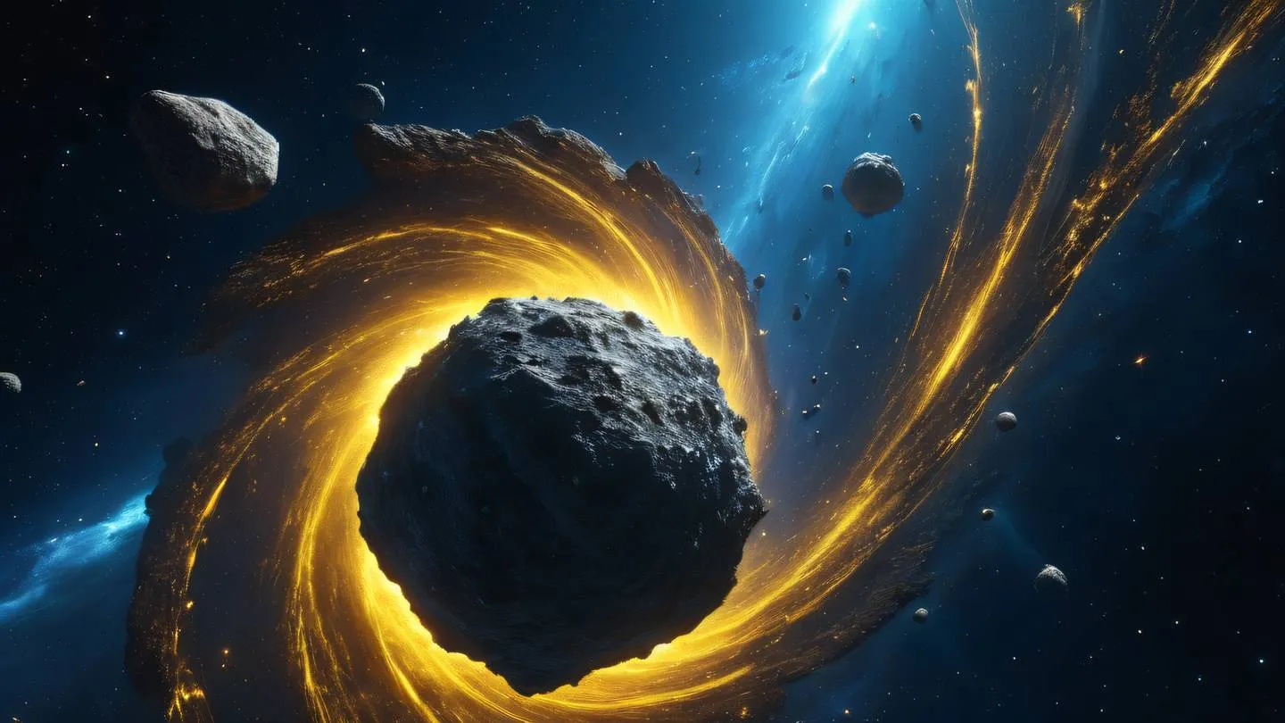 An abstract cosmic scene featuring swirling asteroid fields against a deep space background dominated by bright canary yellow and electric blue colors creating dynamic energy flows camera angle: wide-angle shot with dramatic perspective high-quality ultra-realistic cinematic 8K UHD high resolution sharp and detail