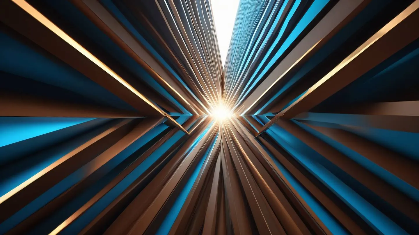 Geometric abstract composition with light rays piercing through rectangular shapes featuring bright contemporary brown and electric blue gradients camera angle: straight-on with strong diagonal leading lines high-quality ultra-realistic cinematic 8K UHD high resolution sharp and detail