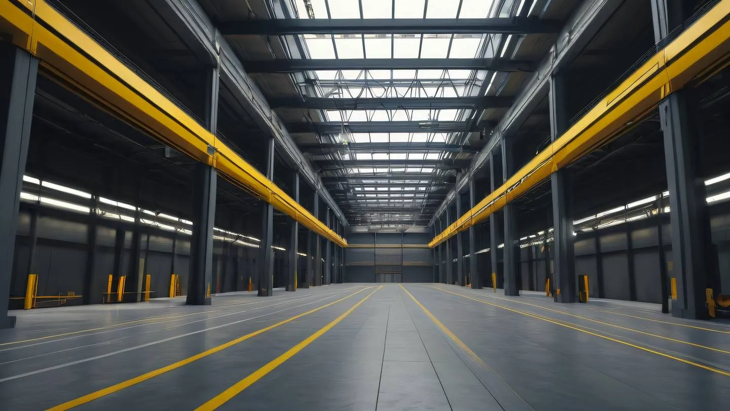 Industrial interior with minimalist architecture featuring geometric patterns and clean lines dominated by warm canary yellow and slate gray tones camera angle: low angle shot emphasizing height and scale high-quality ultra-realistic cinematic 8K UHD high resolution sharp and detail