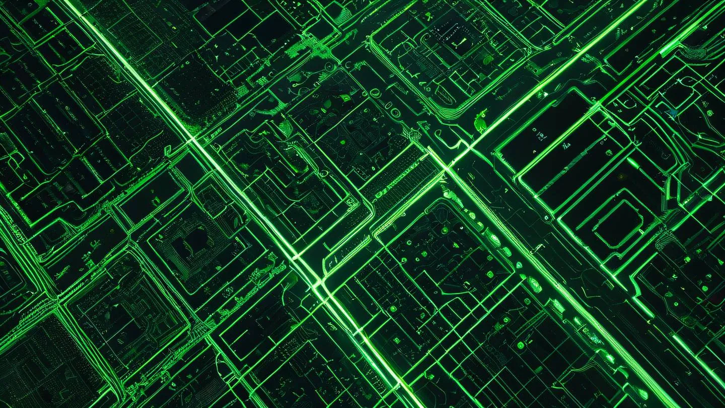 Aerial top-down view of abstract patterns resembling technological circuits or city layouts featuring bright neon green and off-black color scheme camera angle: direct overhead shot high-quality ultra-realistic cinematic 8K UHD high resolution sharp and detail