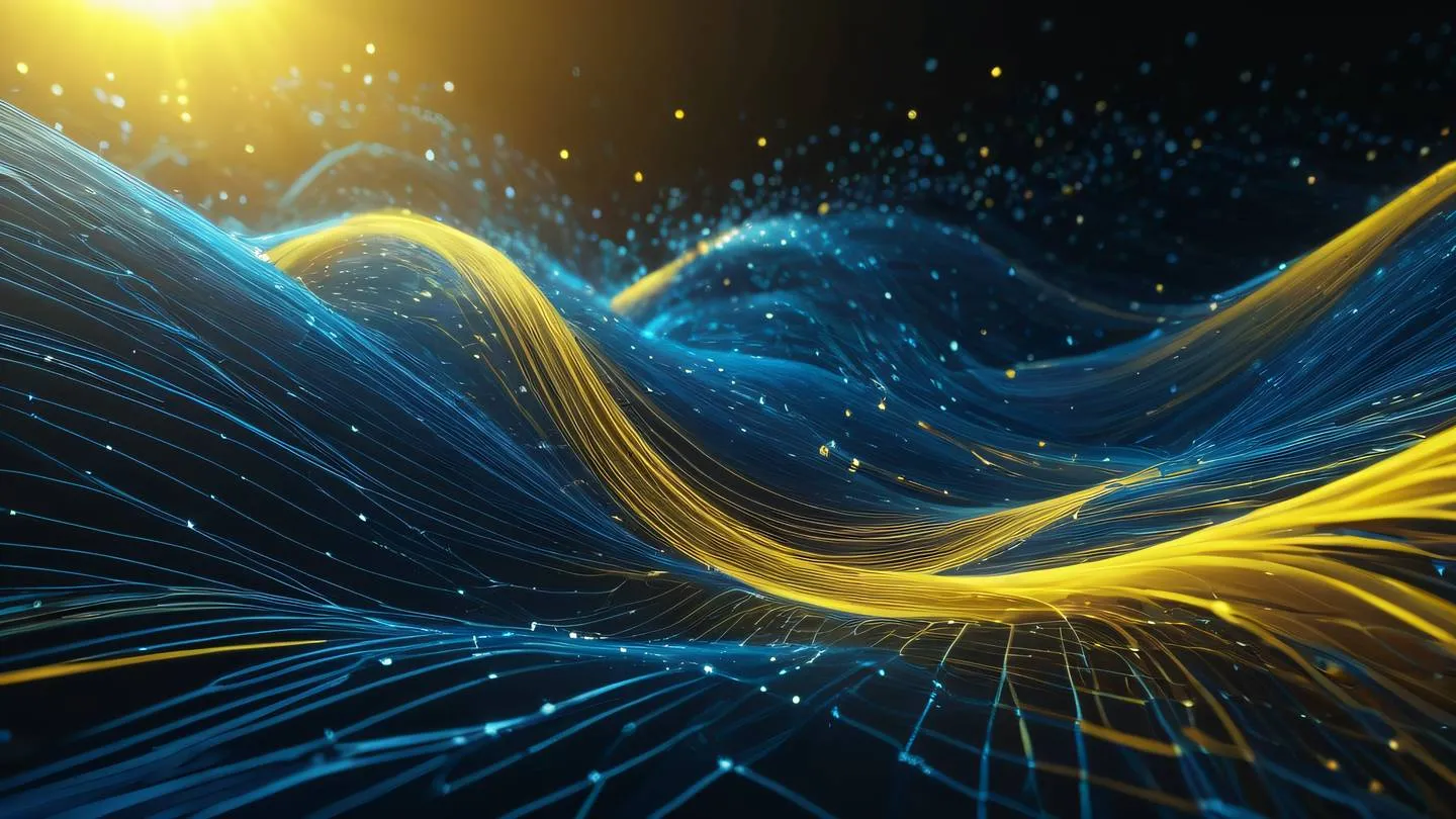 Abstract flowing data streams visualization with bright sunshine yellow and sapphire blue elements representing secure connection between systems captured from above perspective high-quality ultra-realistic cinematic 8K UHD high resolution sharp and detail