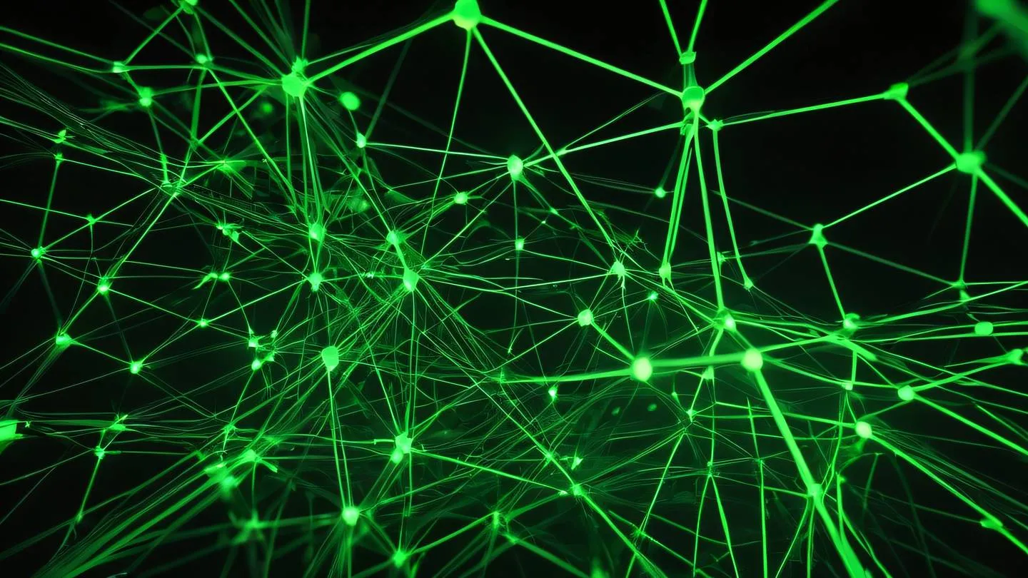 Abstract network of interconnected nodes glowing with fluorescent green light against black background captured from low angle perspective high-quality ultra-realistic cinematic 8K UHD high resolution sharp and detail