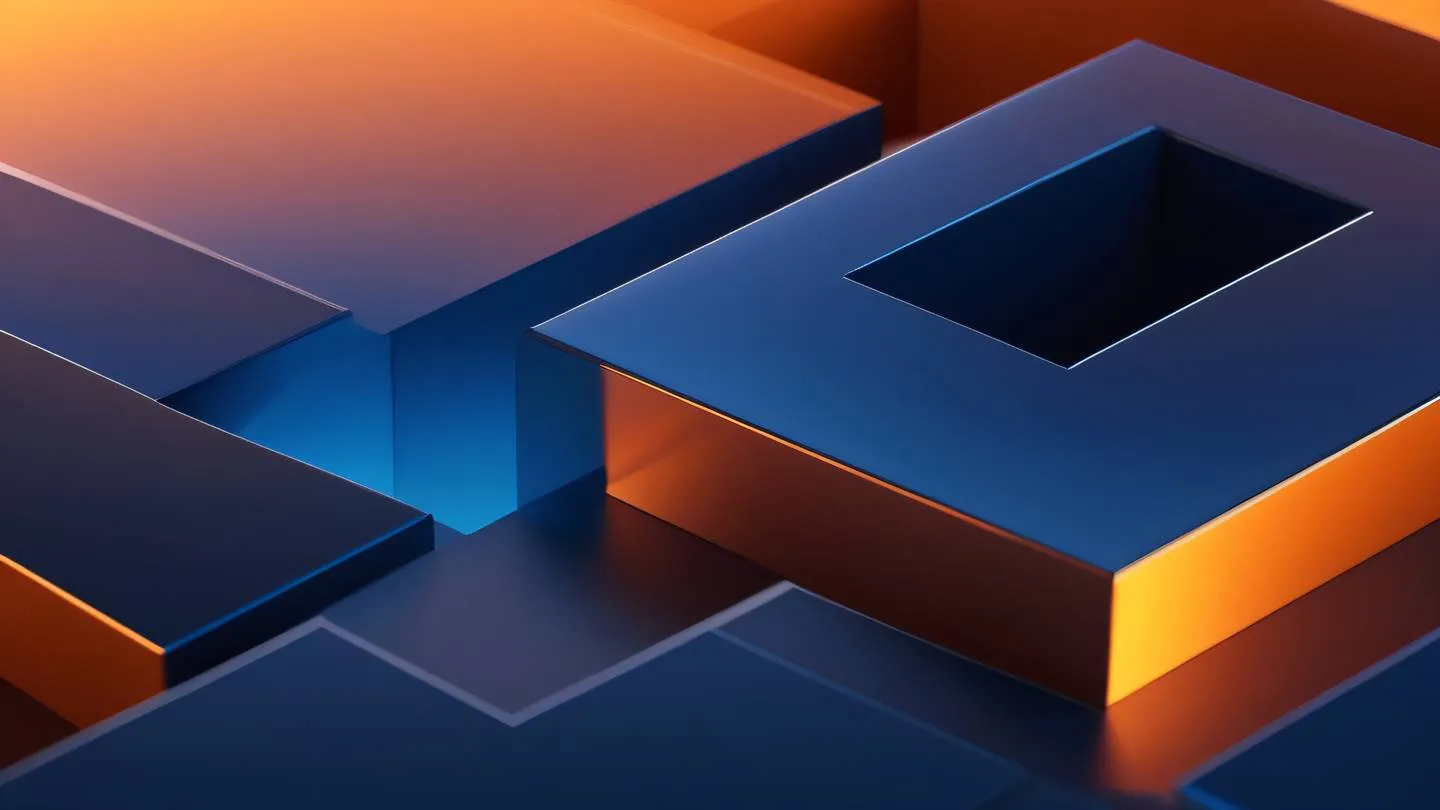 Geometric abstract shapes representing secure gateway with warm orange and sapphire blue gradient shot from diagonal perspective high-quality ultra-realistic cinematic 8K UHD high resolution sharp and detail