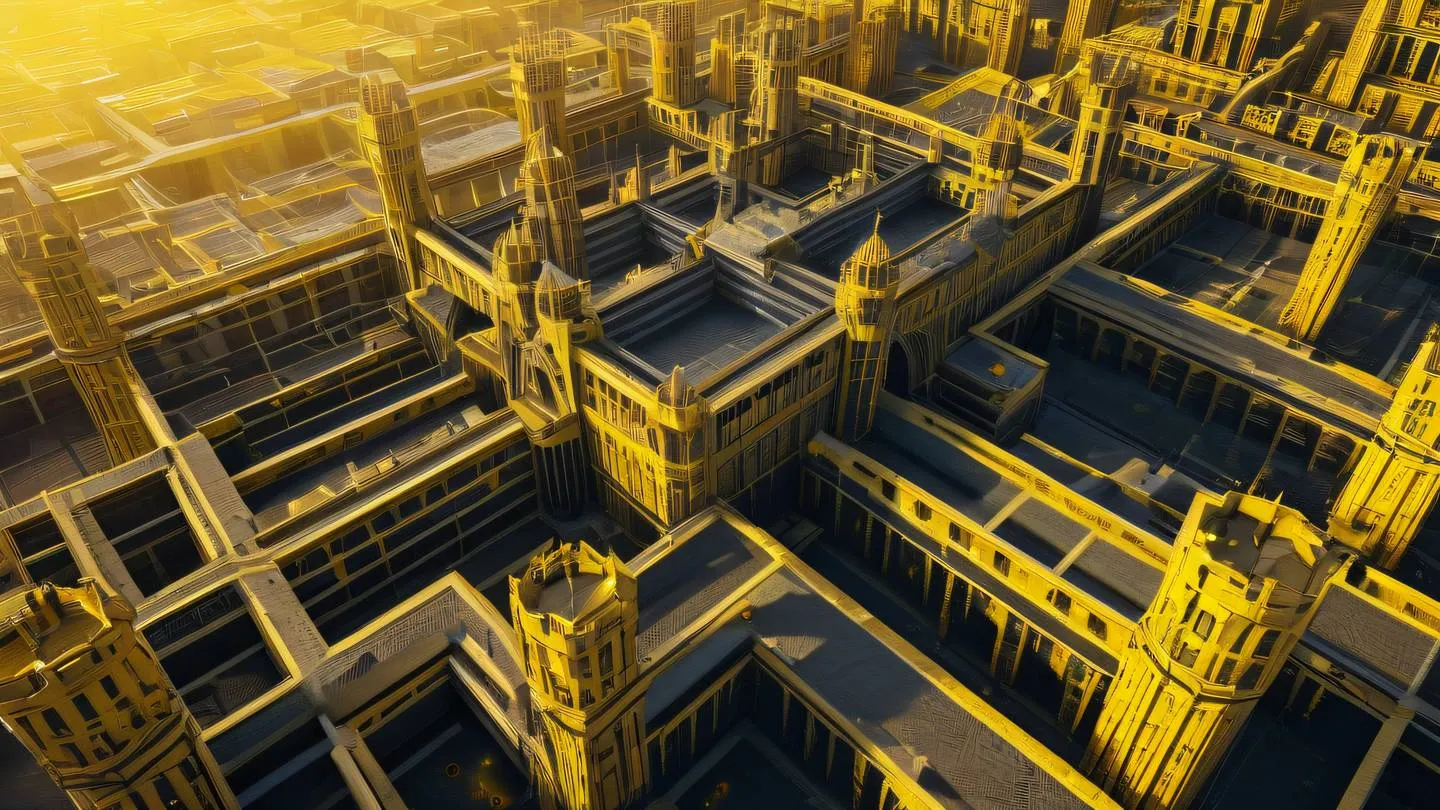 Abstract digital fortress concept with geometric patterns in bright sunshine yellow and black colors photographed from bird's eye view high-quality ultra-realistic cinematic 8K UHD high resolution sharp and detail