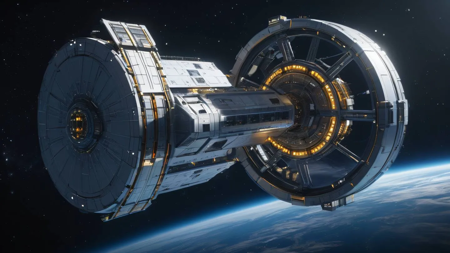 A minimalist floating geometric space station with interconnected modules against a deep space background featuring metallic silver and iridescent surfaces with accents of electric blue and bright gold sharp shadows and highlights viewed from a low angle perspective high-quality ultra-realistic cinematic 8K UHD high resolution sharp and detail