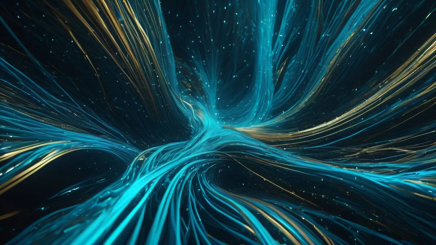 Abstract flowing data streams visualization with crystalline structures featuring bright cyan electric blue and metallic gold colors interweaving in a complex pattern captured from a top-down perspective high-quality ultra-realistic cinematic 8K UHD high resolution sharp and detail