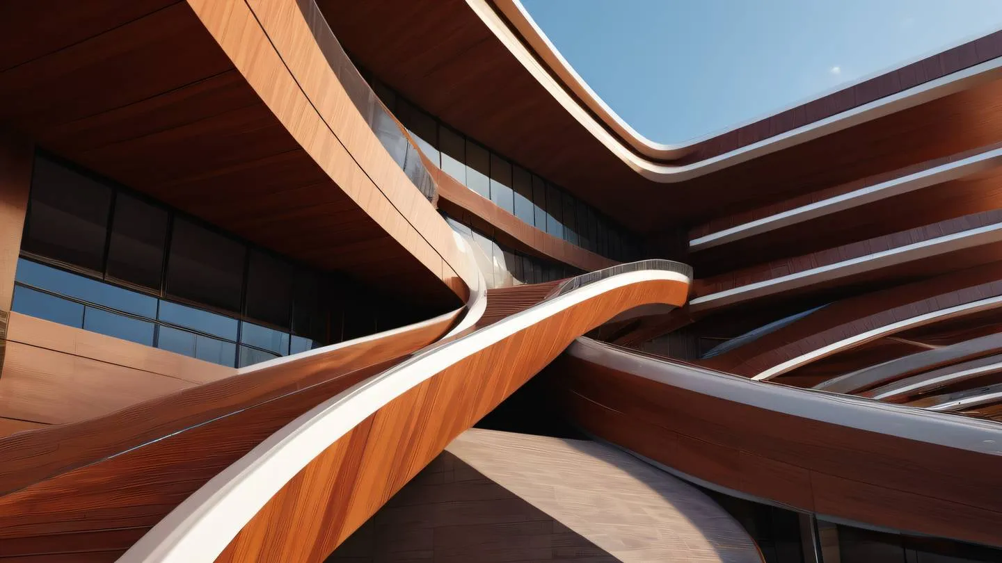 An abstract architectural structure with smooth curves and sharp angles featuring rich brown mahogany and bright orange colors with metallic accents captured from a dramatic diagonal perspective high-quality ultra-realistic cinematic 8K UHD high resolution sharp and detail