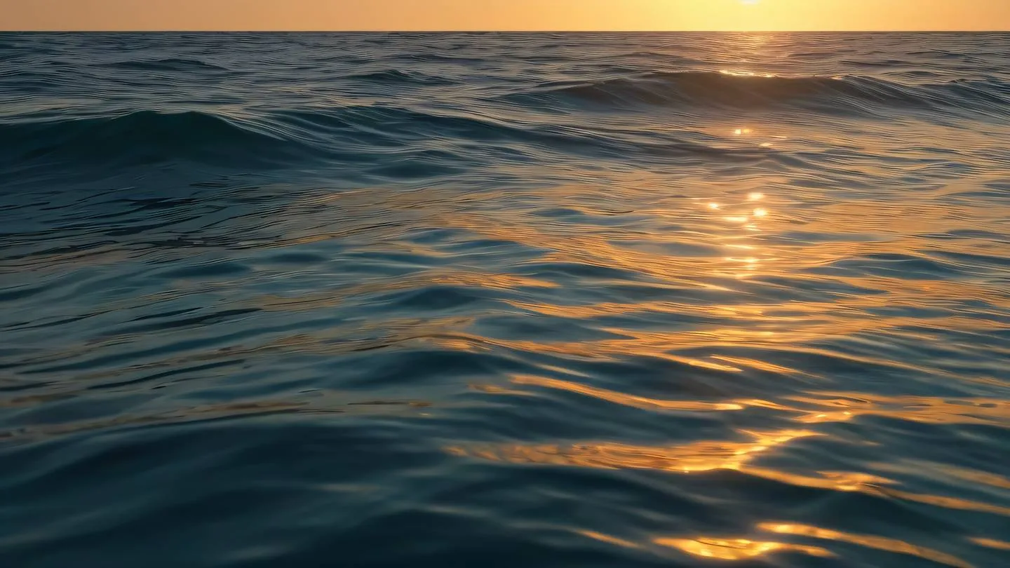 A minimalist seascape at sunset with gentle waves reflecting warm orange and golden light set against a deep teal ocean ultra-realistic cinematic 8K UHD captured from a low angle at water level high resolution showing detailed water ripples and light reflections