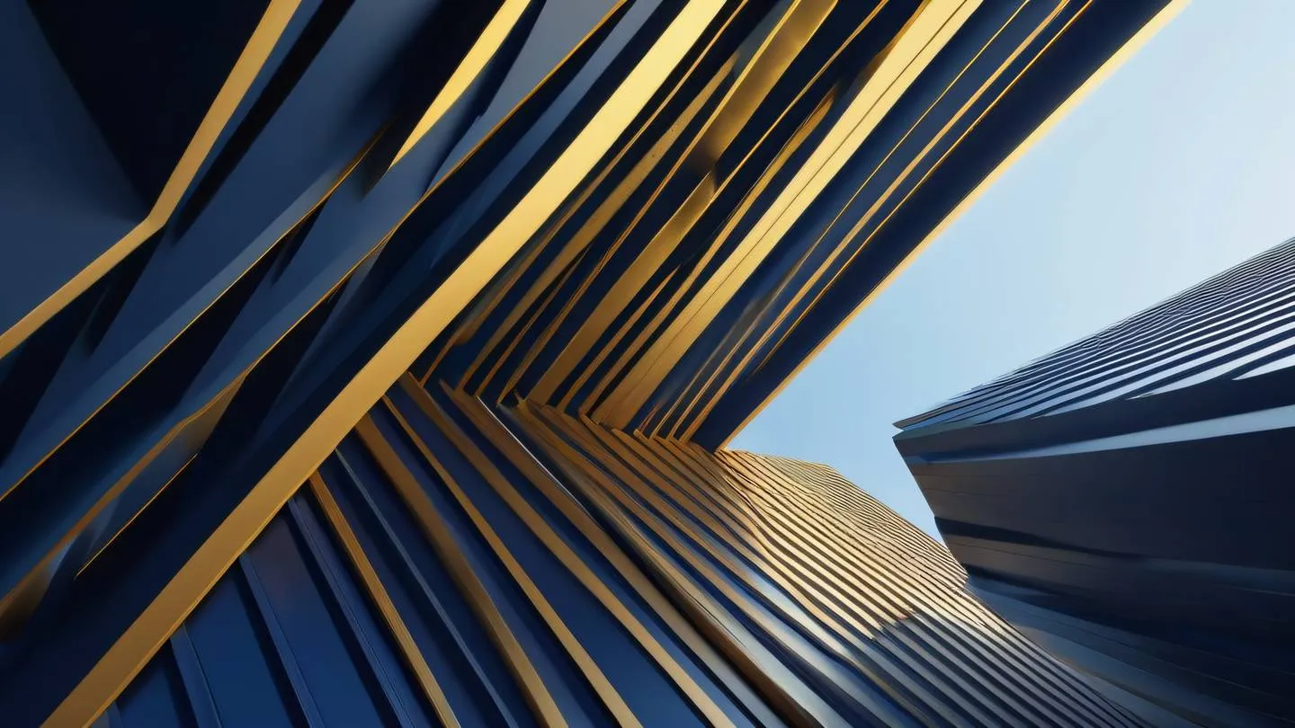 Modern abstract architecture featuring diagonal lines and geometric shapes dominant colors of navy blue and gold shot from a low angle perspective creating dramatic upward view high-quality ultra-realistic cinematic 8K UHD high resolution sharp and detail