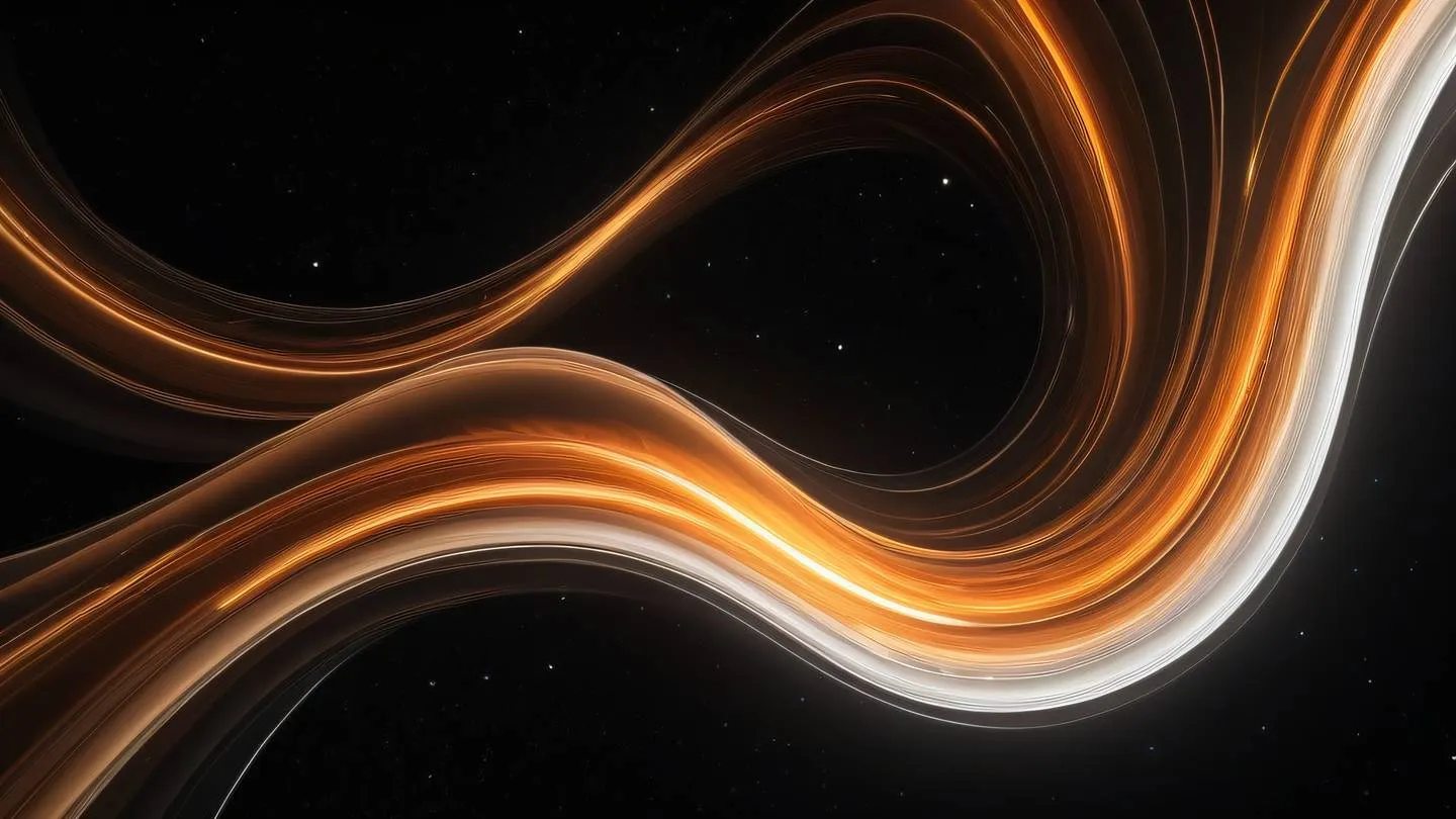 Abstract flowing curves of light in space featuring warm orange and white streaks against a deep black background captured from a top-down perspective high-quality ultra-realistic cinematic 8K UHD high resolution sharp and detail