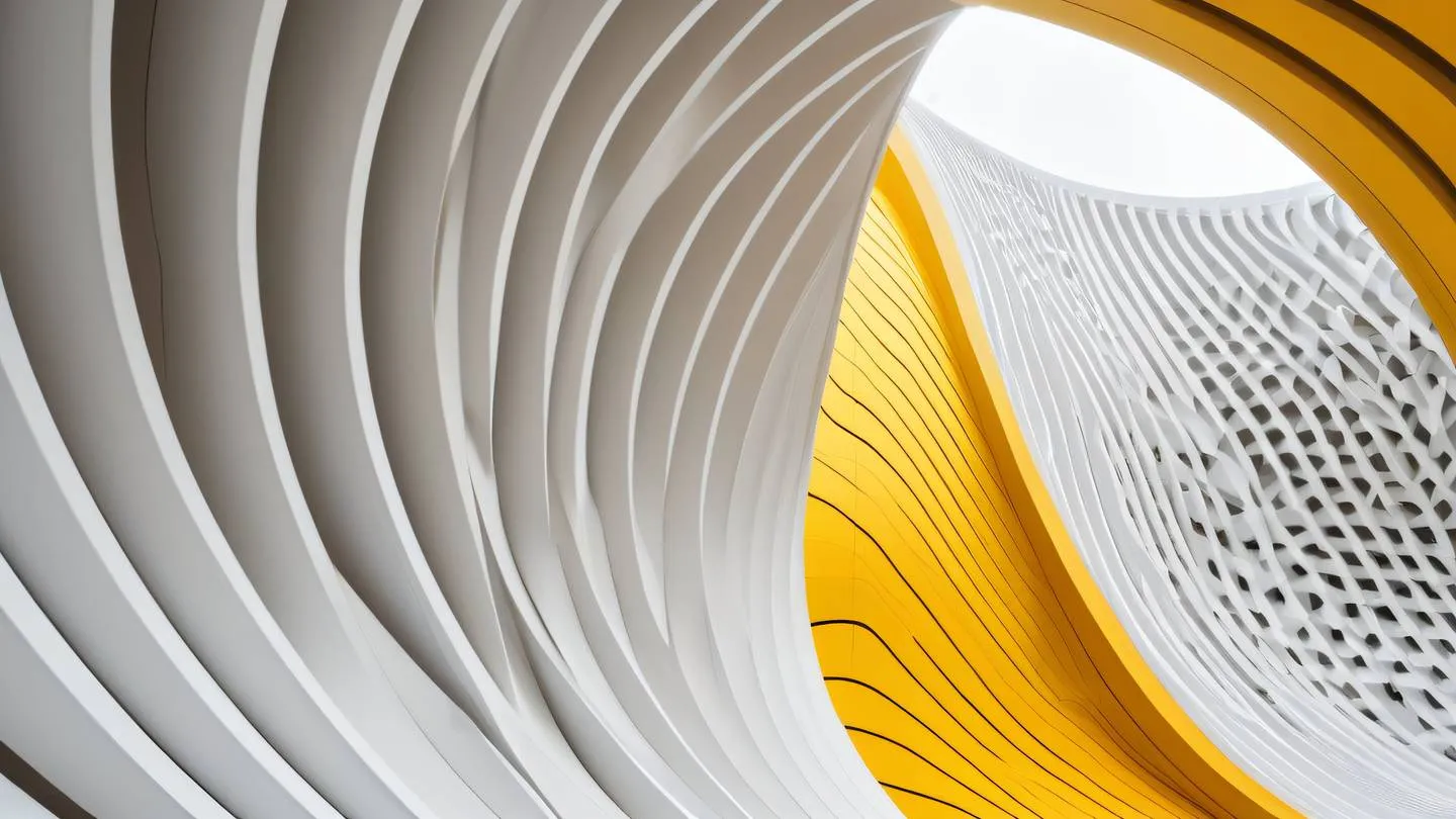 Modern abstract architectural photography featuring flowing curved lines and geometric patterns bright contemporary yellow and white color scheme shot from a low upward angle perspective high-quality ultra-realistic cinematic 8K UHD high resolution sharp and detail