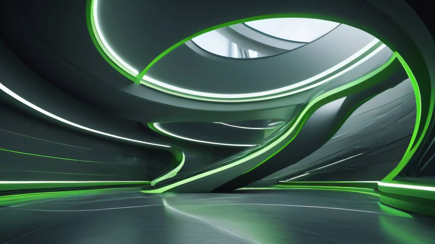 Abstract architectural lines and curves creating dynamic movement bright neon green and cool gray color palette photographed from a wide-angle perspective high-quality ultra-realistic cinematic 8K UHD high resolution sharp and detail