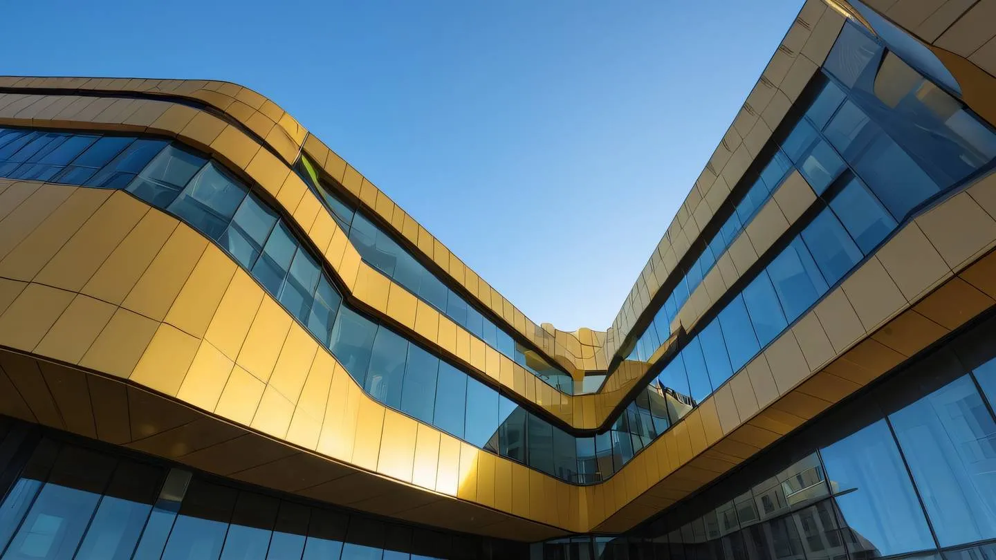 A modern architectural structure with clean geometric lines and glass panels featuring dramatic angles and curves. The building has a bright yellow and amber gradient exterior that catches sunlight. Shot from a low angle perspective with wide-angle lens emphasizing the building's grandeur against a clear blue sky. high-quality ultra-realistic cinematic 8K UHD high resolution sharp and detail