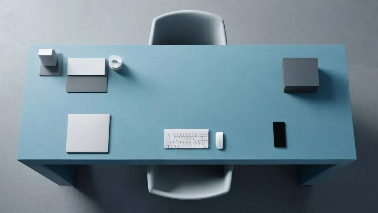 A modern minimal workspace setup with abstract geometric shapes floating in space rendered in bright dusty blue and concrete tones high contrast lighting shot from a top-down perspective high-quality ultra-realistic cinematic 8K UHD high resolution sharp and detail