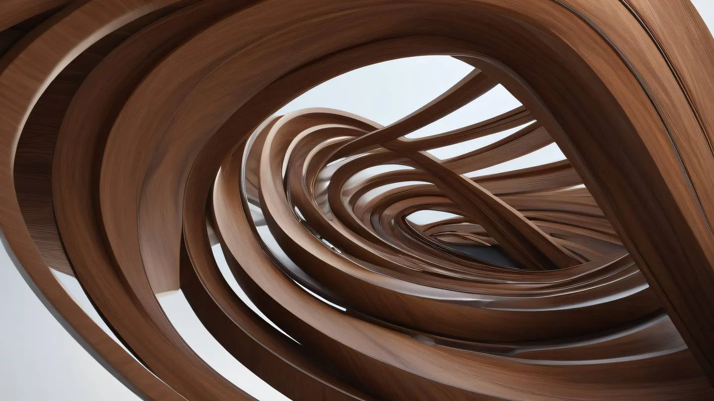 Abstract architectural structure with flowing curves and sharp angles rendered in warm walnut and iron tones against a stark background captured from a dramatic low angle perspective high-quality ultra-realistic cinematic 8K UHD high resolution sharp and detail