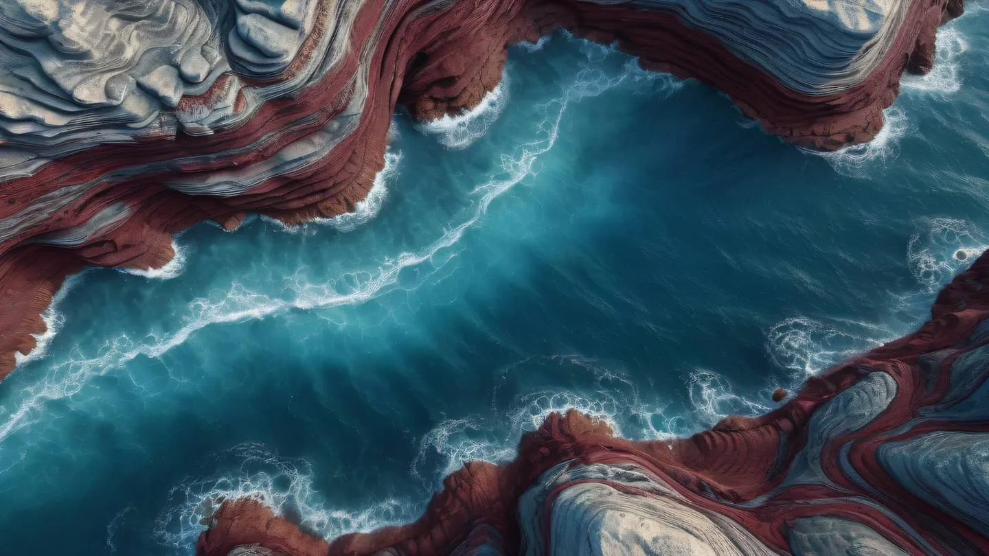 Organic flowing patterns resembling ocean waves and stone formations rendered in rich maroon and stone blue colors photographed from an aerial perspective high-quality ultra-realistic cinematic 8K UHD high resolution sharp and detail