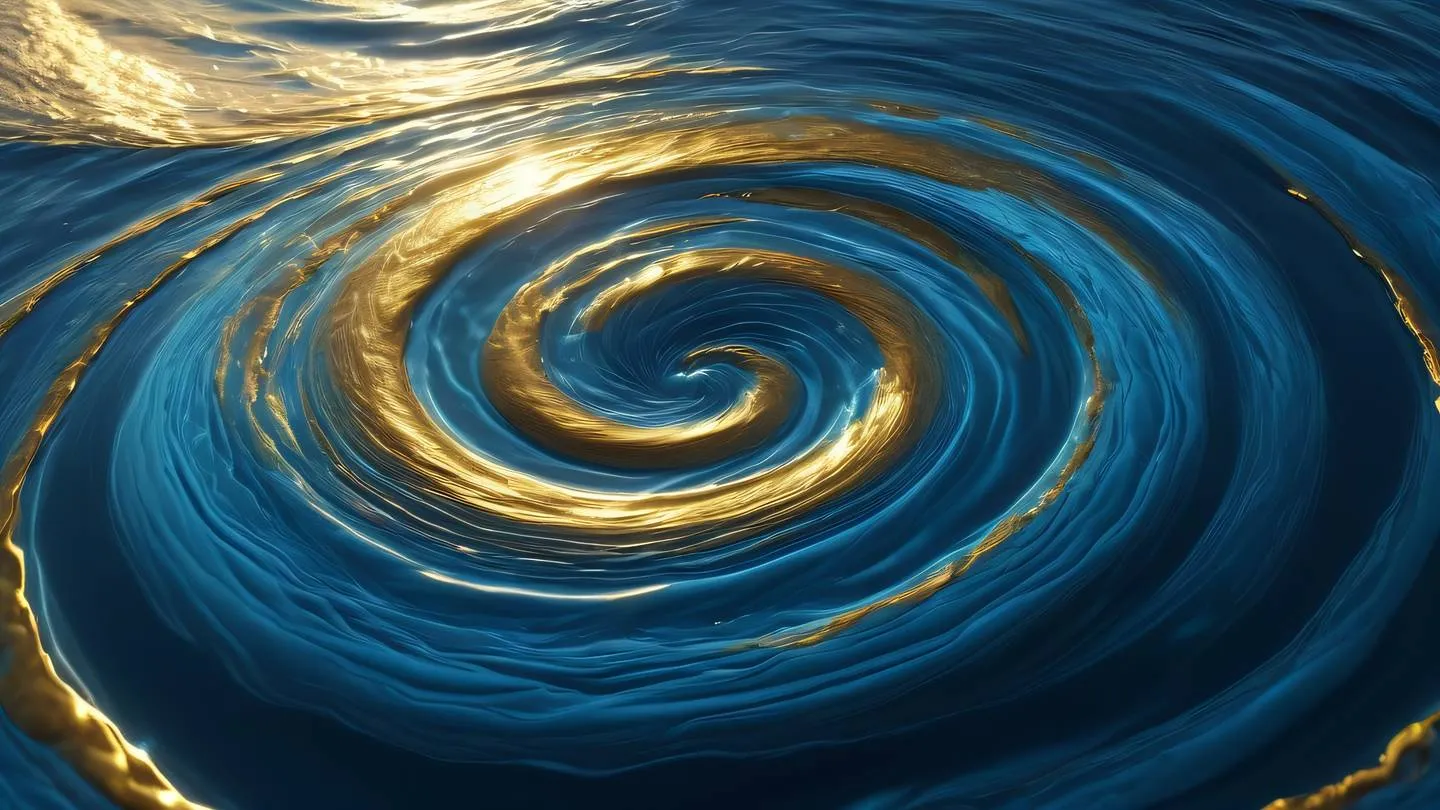 Abstract flowing water formation with gold and bright blue colors swirling together bird's eye view of natural patterns capturing the interplay of light and shadow high-quality ultra-realistic cinematic 8K UHD high resolution sharp and detail