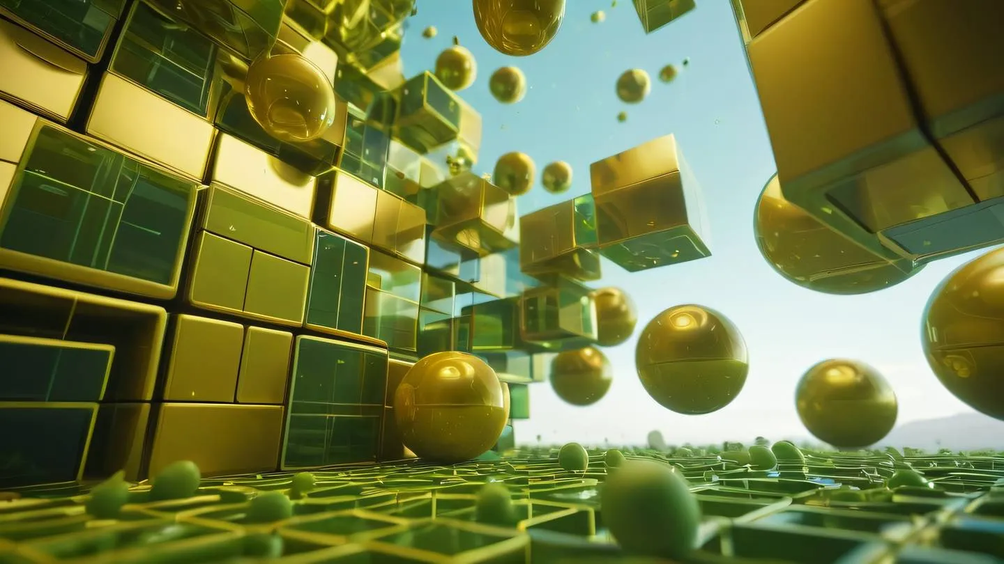 Abstract technological landscape with floating geometric cubes and spheres in bright ochre and grapeseed green colors captured from a low angle perspective with dramatic lighting high-quality ultra-realistic cinematic 8K UHD high resolution sharp and detail