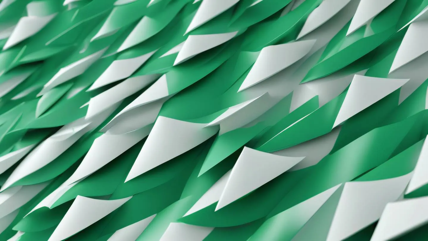 Minimalist geometric patterns flowing like a cascade of data featuring clean lines and shapes in emerald green and white shown from a 45-degree angle perspective high-quality ultra-realistic cinematic 8K UHD high resolution sharp and detail