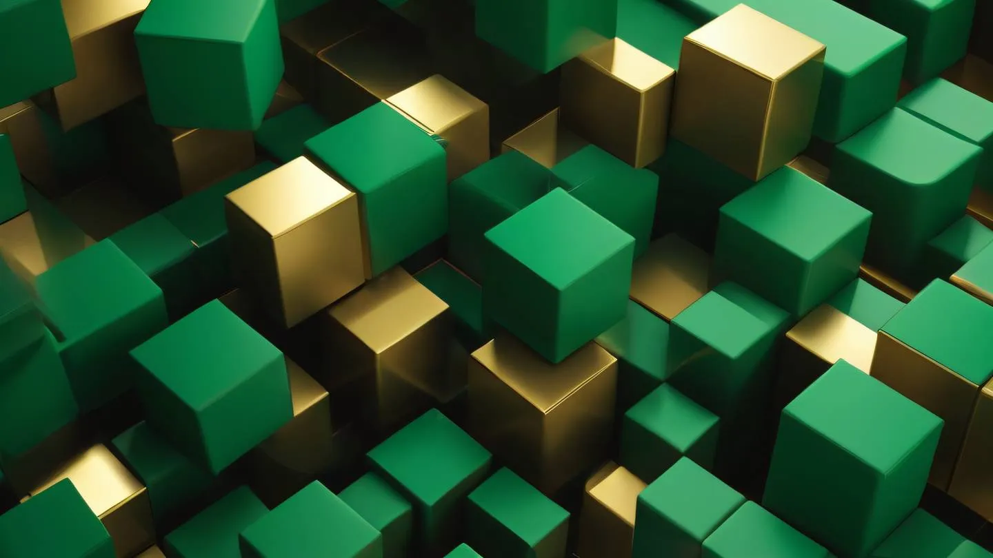 A minimalist geometric abstract composition featuring interlocking cubic shapes and nested forms rendered in bright emerald green and gold tones with subtle walnut brown accents shot from a 45-degree angle with dramatic side lighting high-quality ultra-realistic cinematic 8K UHD high resolution sharp and detail