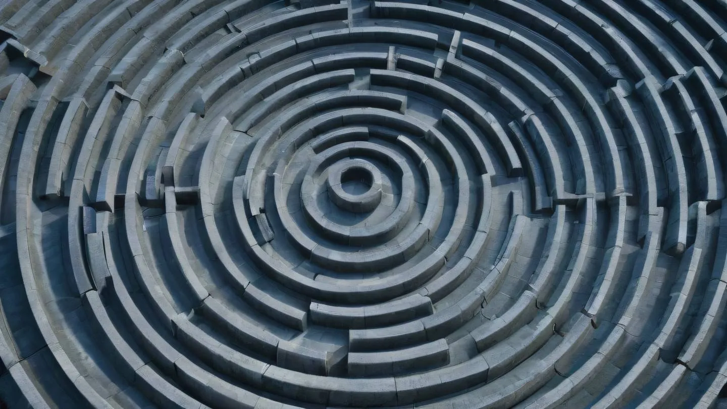 An aerial view of a geometric maze pattern made from stone blocks featuring concentric circles and intersecting paths colored in cool steel blue and iron grey tones captured from directly above with soft natural lighting high-quality ultra-realistic cinematic 8K UHD high resolution sharp and detail