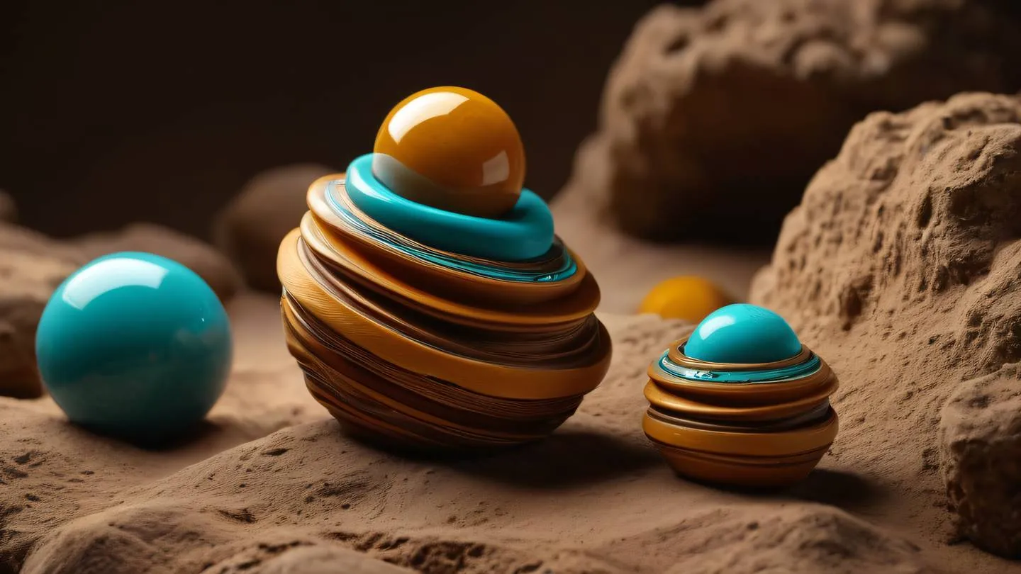 A close-up of layered clay sculptures forming an abstract representation of nested structures featuring bright amber and gem-like turquoise colors photographed from a low angle with dramatic studio lighting high-quality ultra-realistic cinematic 8K UHD high resolution sharp and detail