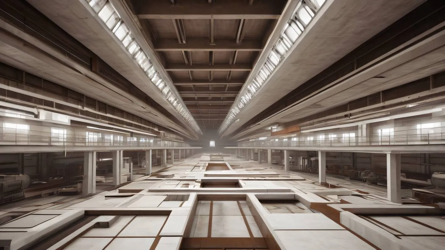 An abstract industrial interior space with interconnected geometric shapes and levels featuring bright stone white and umber brown color scheme captured from a wide angle perspective with architectural lighting high-quality ultra-realistic cinematic 8K UHD high resolution sharp and detail