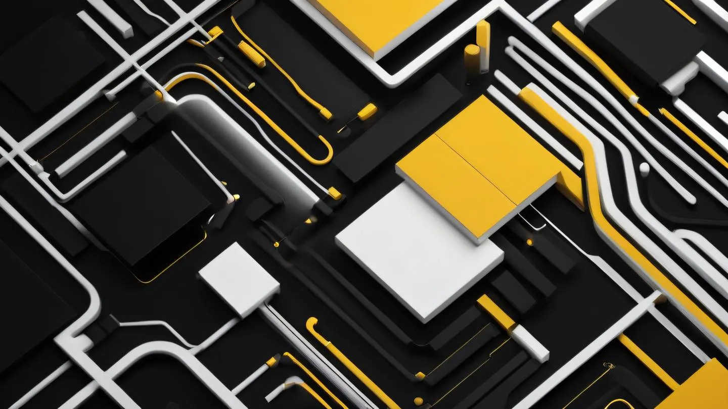 A minimalist abstract representation of validation and data flow featuring flowing geometric shapes in bright butterscotch yellow and white against a deep black background sharp edges and clean lines suggesting precision and accuracy shot from top-down perspective high-quality ultra-realistic cinematic 8K UHD high resolution sharp and detail