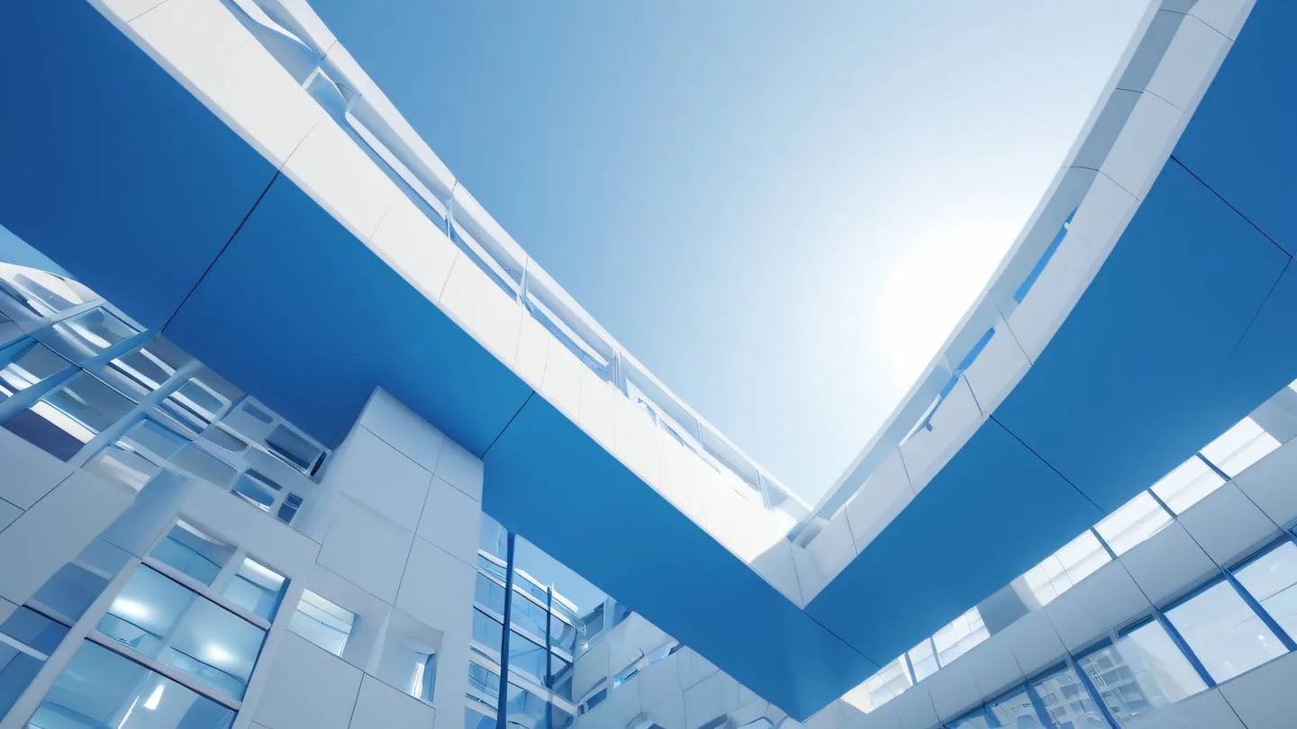 Abstract architectural composition with intersecting planes and surfaces in bright blue and white representing structure and organization floating geometric elements suggesting data validation shot from a low angle looking up high-quality ultra-realistic cinematic 8K UHD high resolution sharp and detail