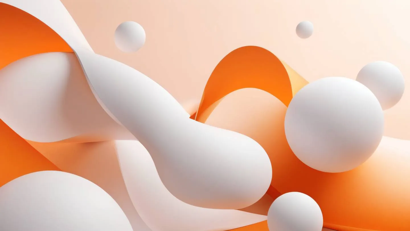 Elegant abstract composition featuring floating geometric shapes and smooth curves in bright orange and white gradient suggesting harmony and flow captured from a side perspective with slight upward angle high-quality ultra-realistic cinematic 8K UHD high resolution sharp and detail