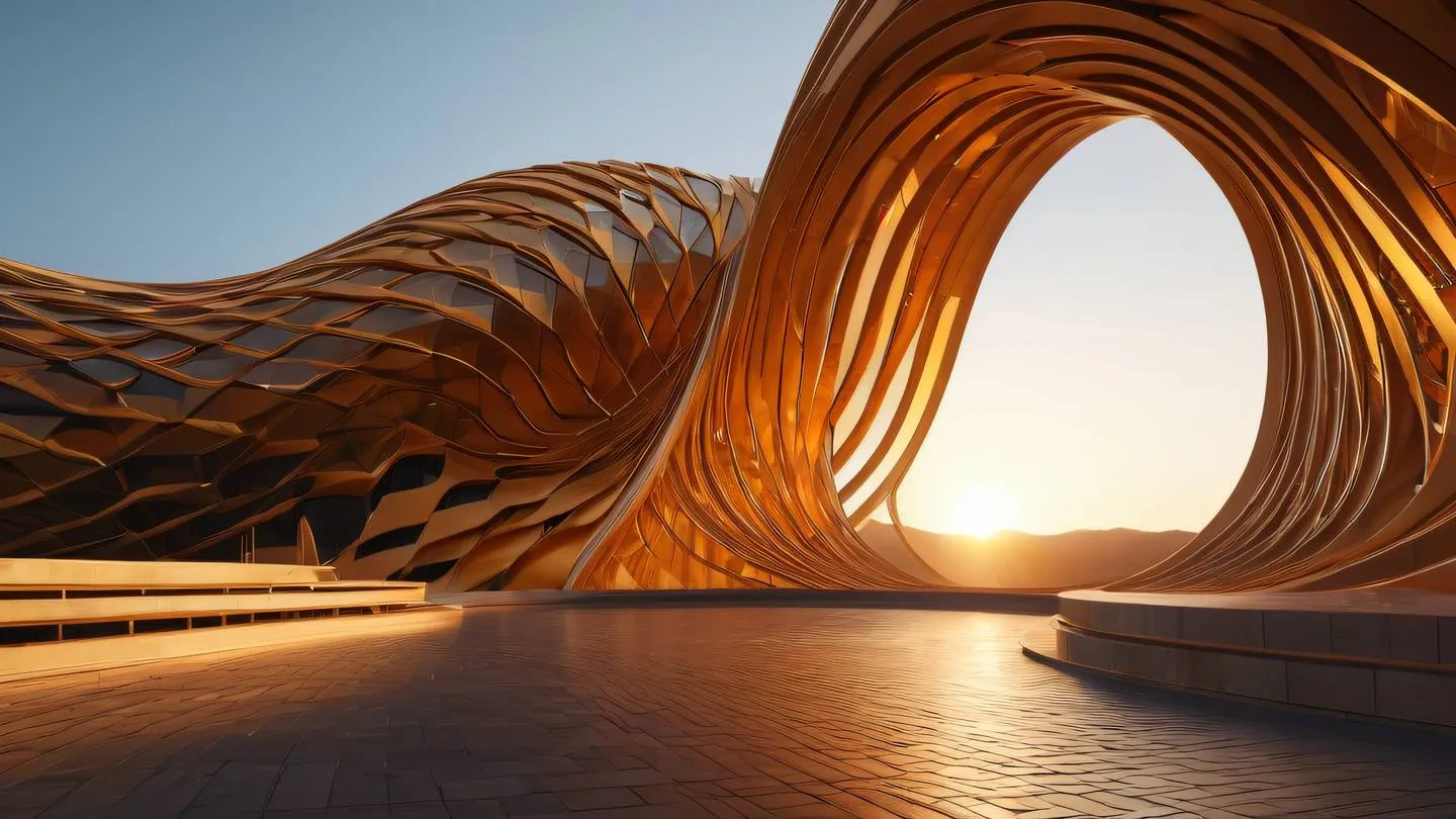 Abstract architectural structure with flowing curves and geometric patterns showcasing warm golden and orange tones reminiscent of sunrise captured from a low angle perspective with dramatic lighting high-quality ultra-realistic cinematic 8K UHD high resolution sharp and detail