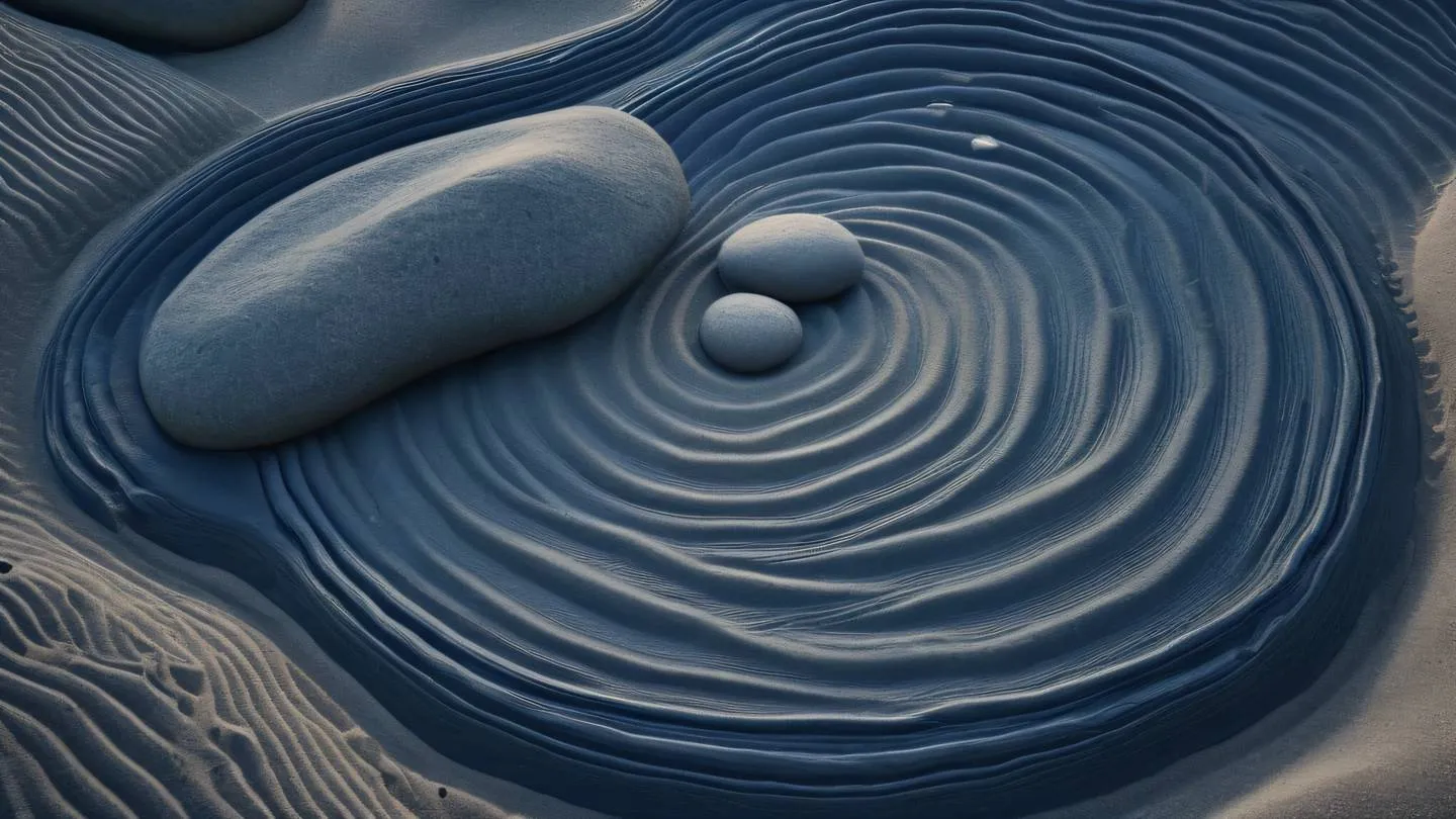 Zen garden with perfectly arranged stones and sand patterns creating ripple effects shot from drone view featuring indigo and silver tones in evening light high-quality ultra-realistic cinematic 8K UHD high resolution sharp and detail