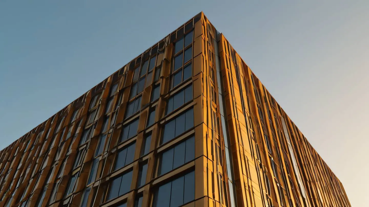 Minimalist modern building facade with clean lines and geometric patterns captured during golden hour featuring amber and bronze tones photographed from an upward angle perspective high-quality ultra-realistic cinematic 8K UHD high resolution sharp and detail