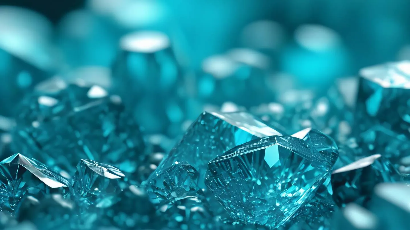 Crystalline structure with intricate patterns and reflections macro photography dominated by bright blue and turquoise tones shot from side angle with shallow depth of field high-quality ultra-realistic cinematic 8K UHD high resolution sharp and detail