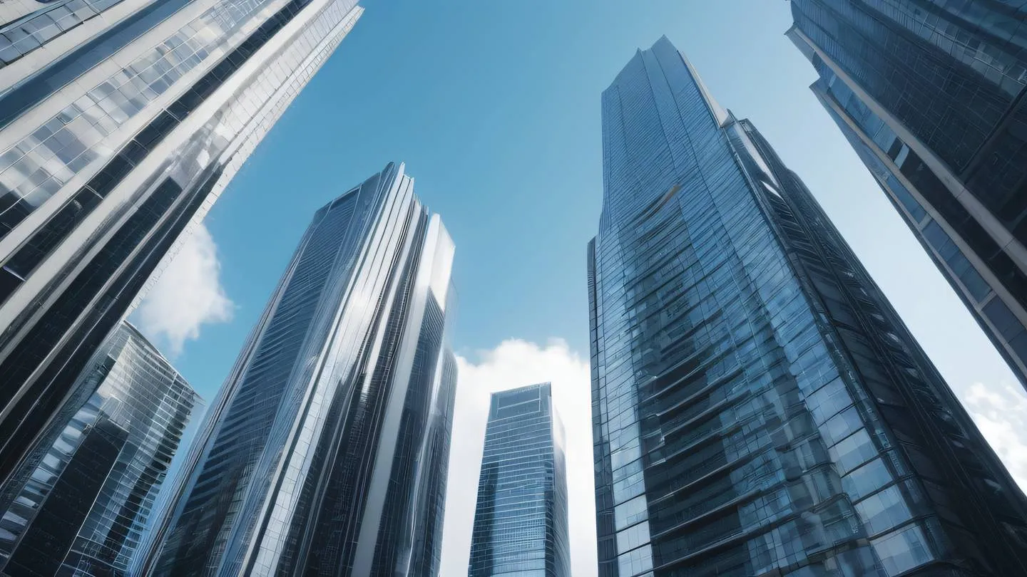 Modern minimalist cityscape with sleek glass skyscrapers reflecting clouds shot from street level perspective featuring bright silver and white tones against a clear blue sky high-quality ultra-realistic cinematic 8K UHD high resolution sharp and detail